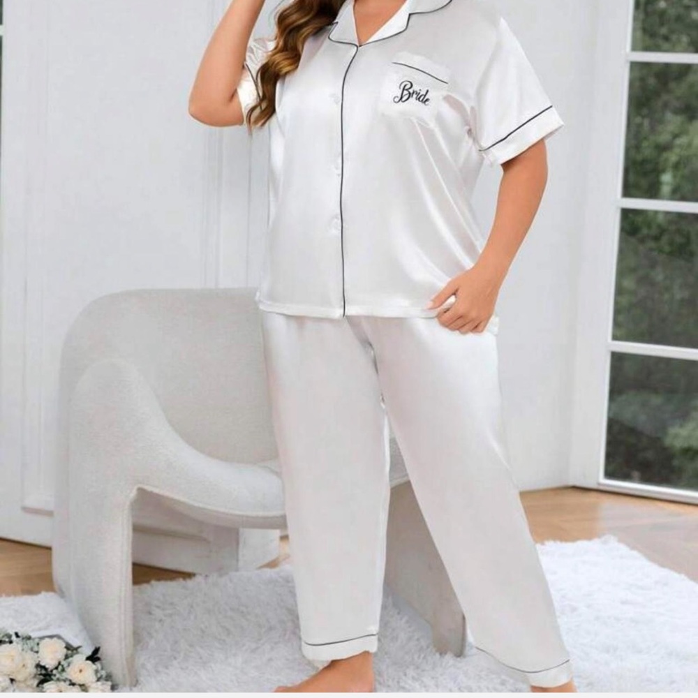 SHEIN White Satin Pajama Set with Black Trim